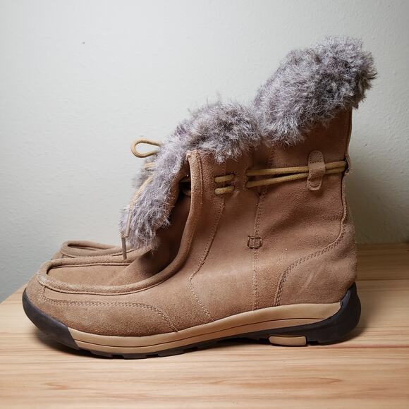Land's End Women's 10 Lace Up Brown Suede Winter Boots Gray Fuzzy Accent Warm - Picture 1 of 7